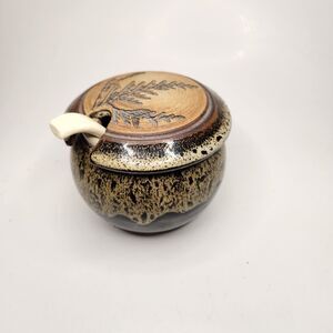 Vintage Handmade 1970's Pottery  Honey Sugar Jar Leaf Motif  Artist Signed 12 Oz